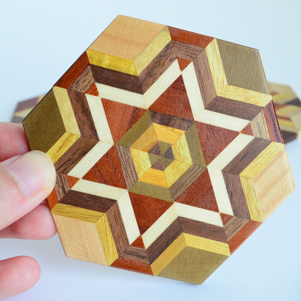 Hakone Yosegi Wooden mosaic work Coaster "Hexagon" 4pc Set