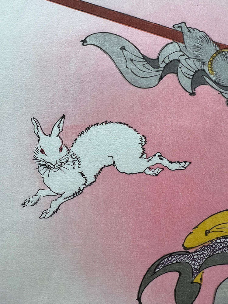 Woodblock print ”Monkey King (Son Goku) against the rabbit from a moon”