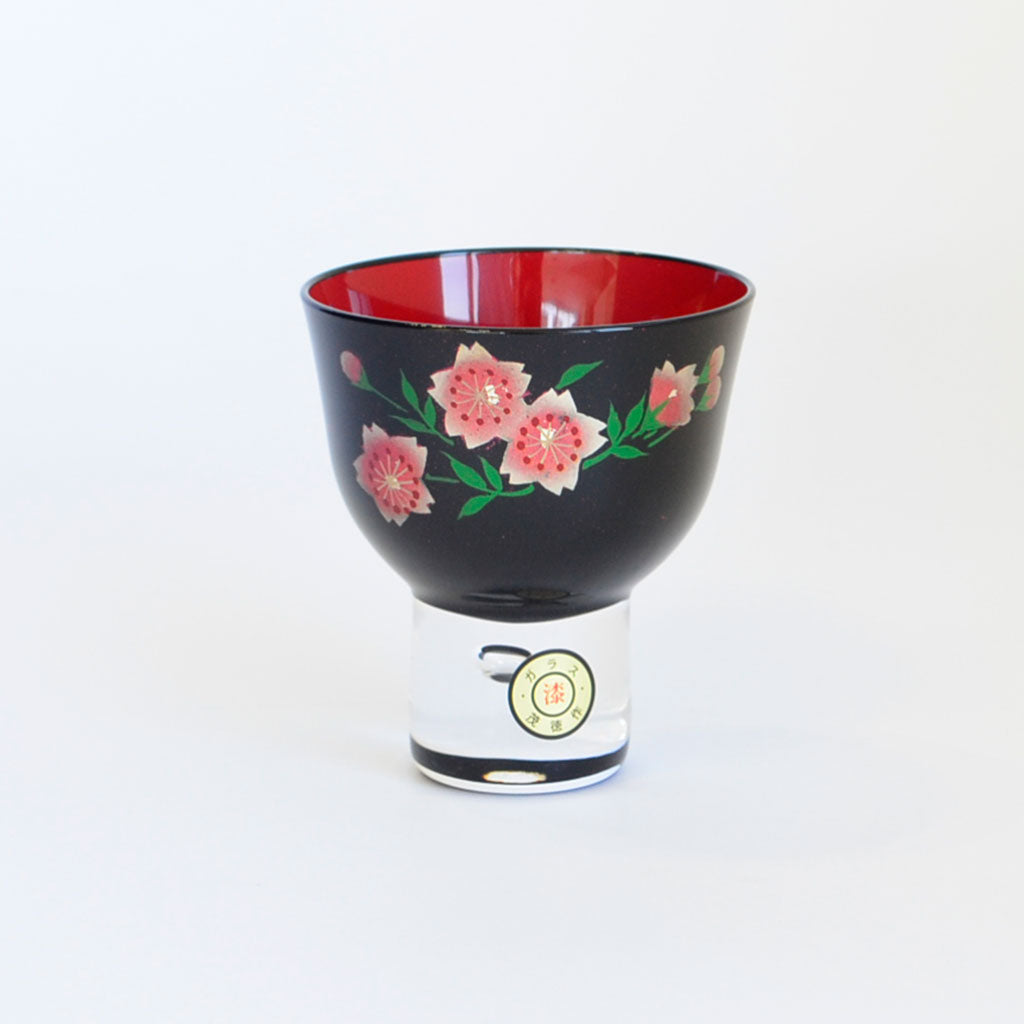 Aizu Lacquerware Maki-e Glass Sake Cup"Wild Cherry Blossom"