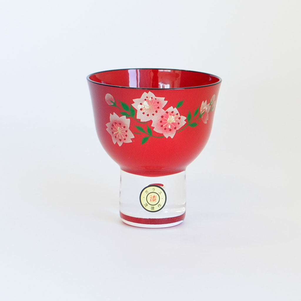 Aizu Lacquerware Maki-e Glass Sake Cup"Wild Cherry Blossom"