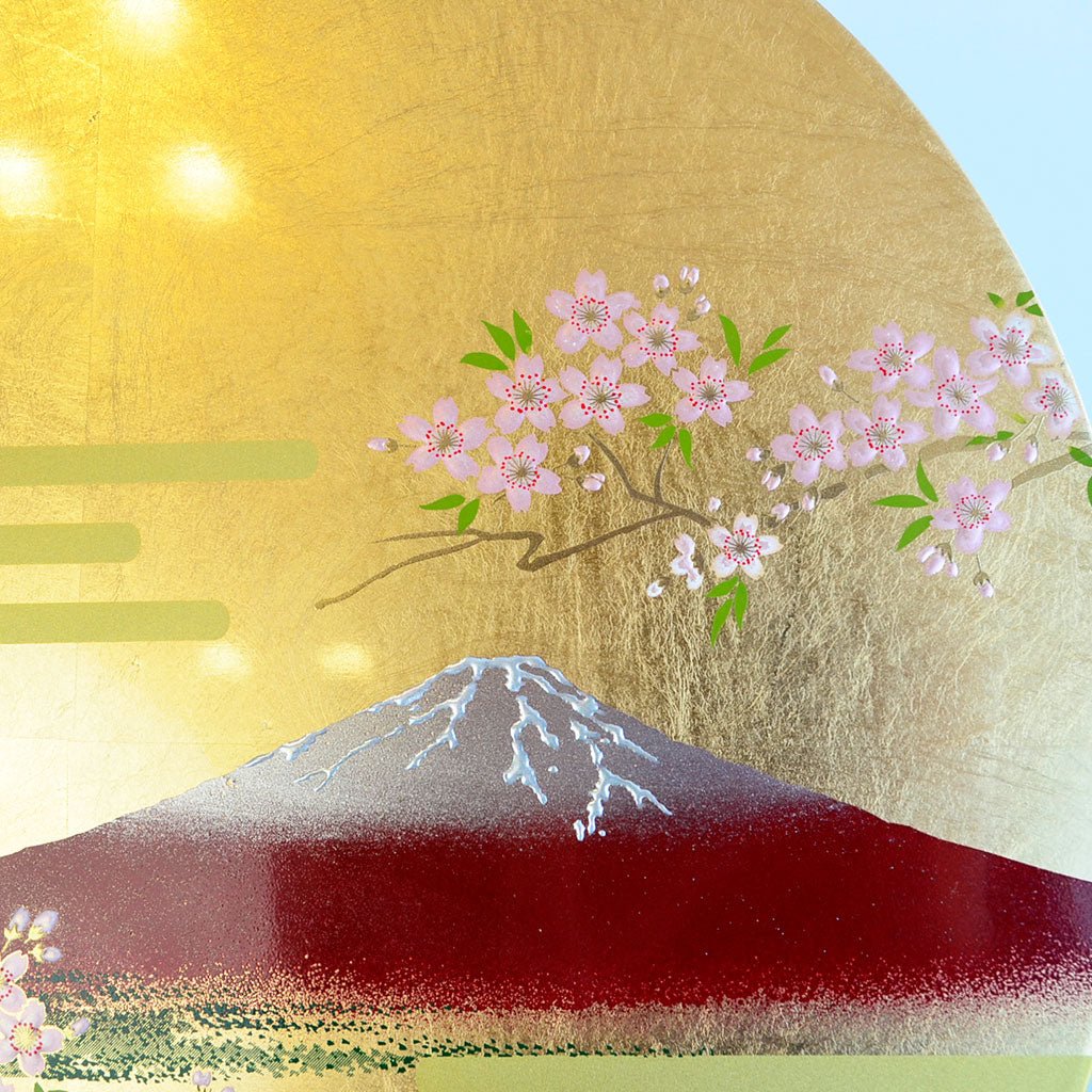 Lacquerware Decorative Plate with Gold Leaf "Mt. Fuji and Cherry Blossom" Size 11.0