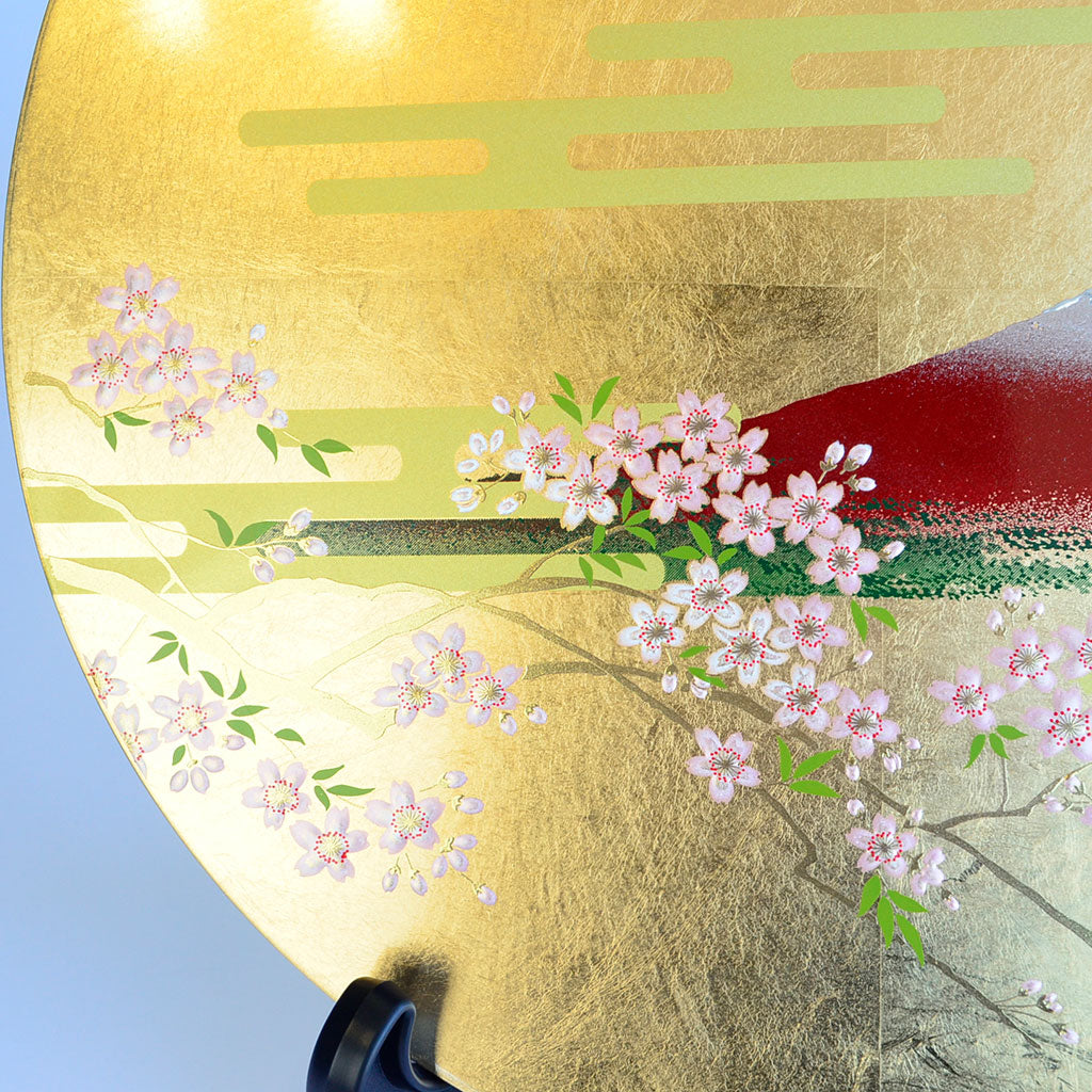 Lacquerware Decorative Plate with Gold Leaf "Mt. Fuji and Cherry Blossom" Size 11.0