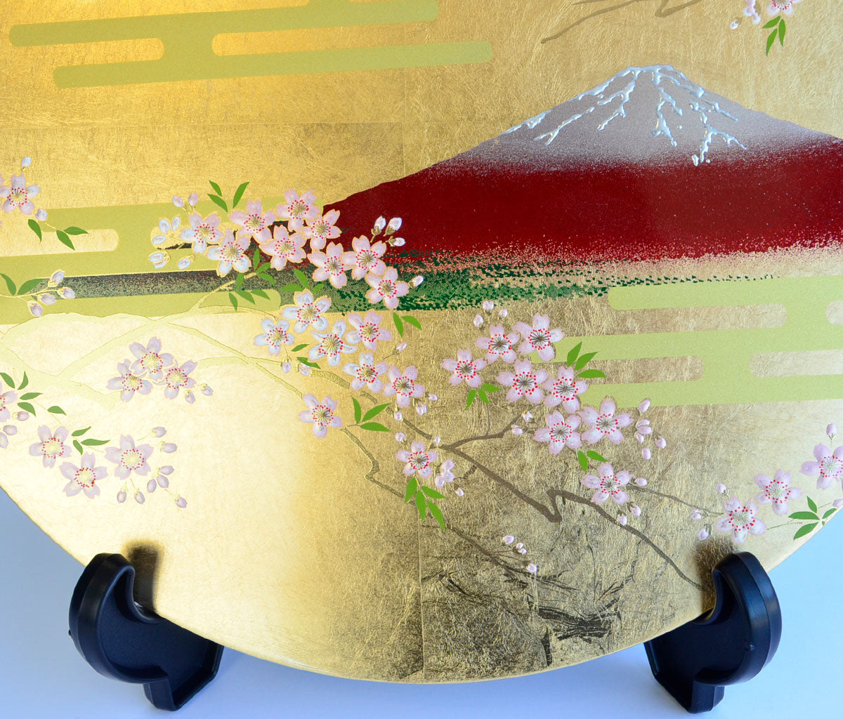 Lacquerware Decorative Plate with Gold Leaf "Mt. Fuji and Cherry Blossom" Size 11.0