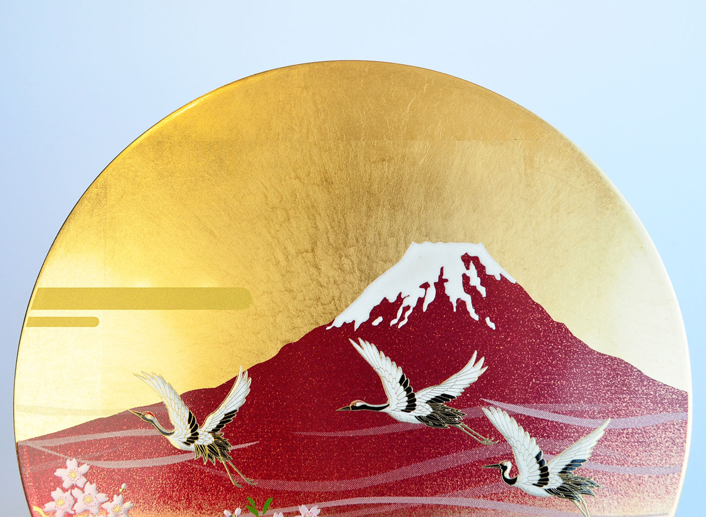 Lacquerware Decorative Plate with Gold Leaf "Mt. Fuji and Crane" Size 7.0