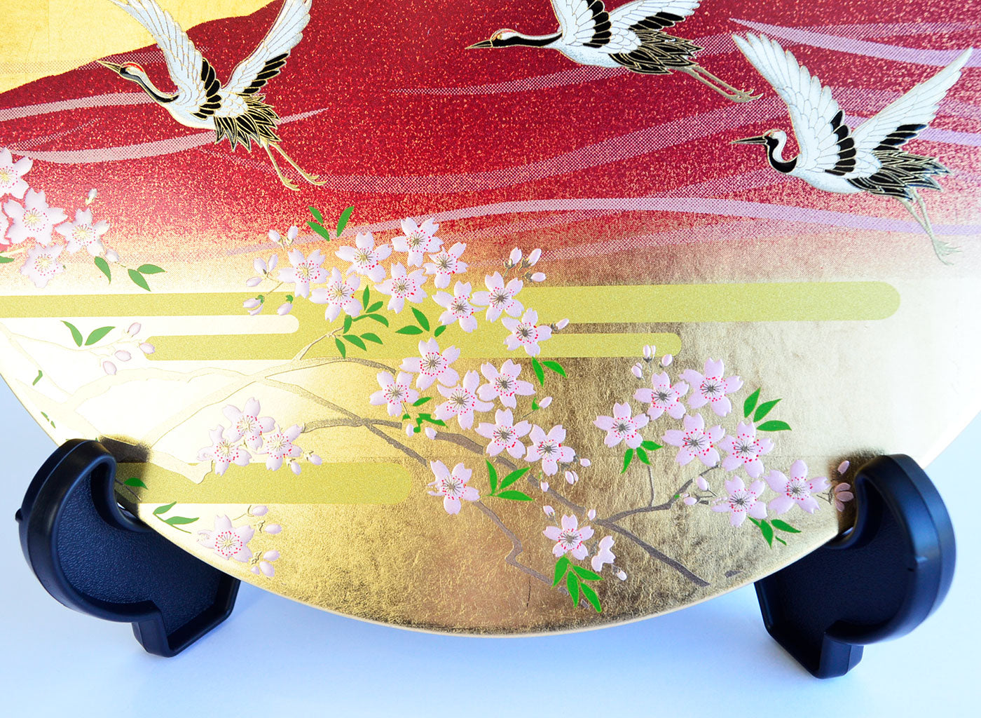 Lacquerware Decorative Plate with Gold Leaf "Mt. Fuji and Crane" Size 7.0