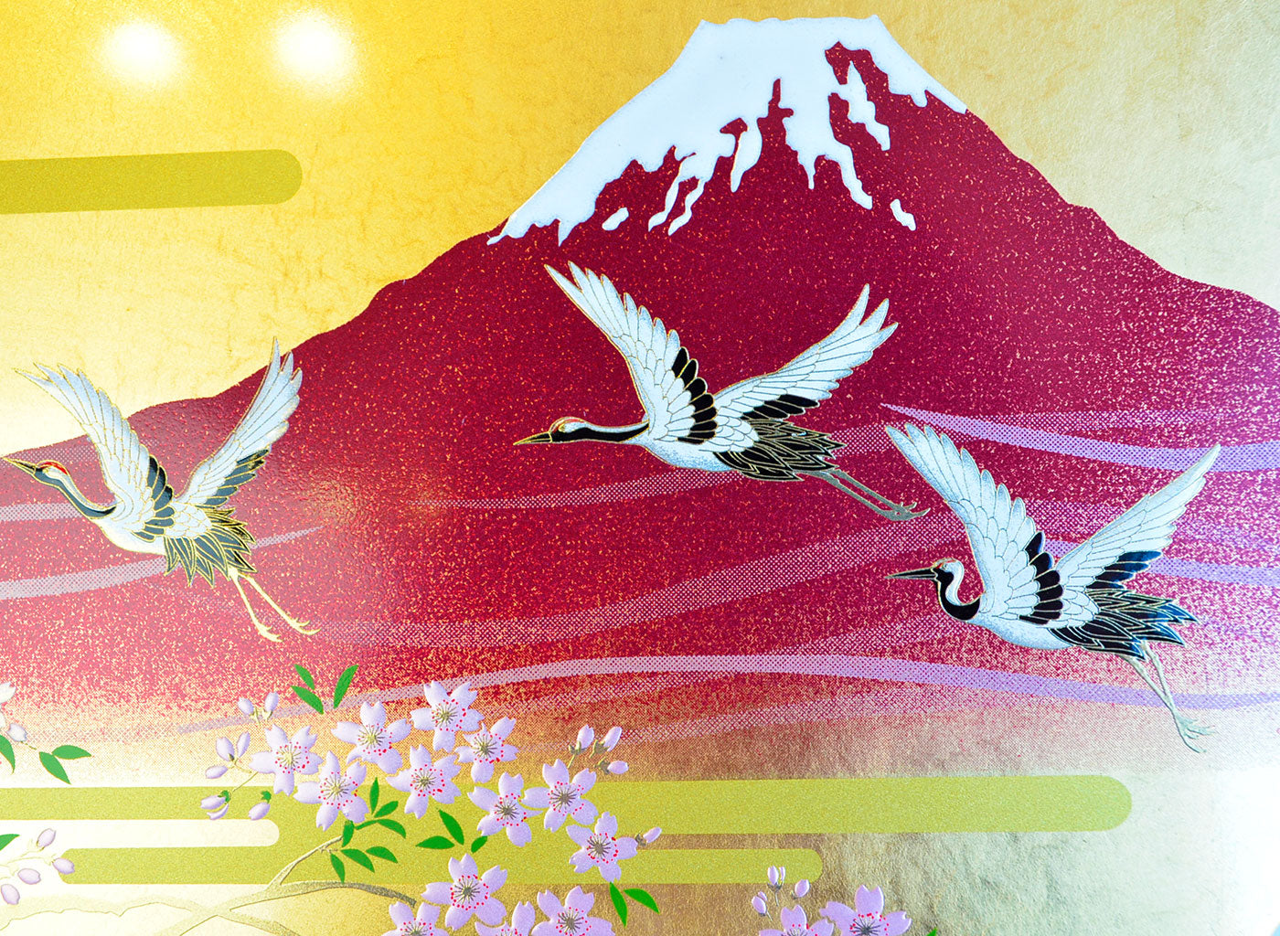 Lacquerware Decorative Plate with Gold Leaf "Mt. Fuji and Crane" Size 7.0