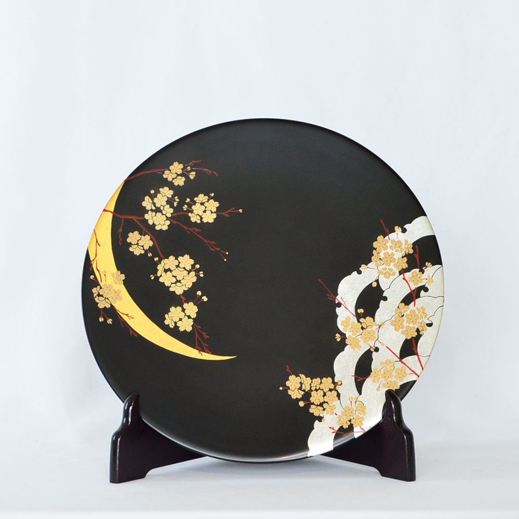 Lacquerware Decorative Plate "Moon and Flowers in Winter" Size 10.0