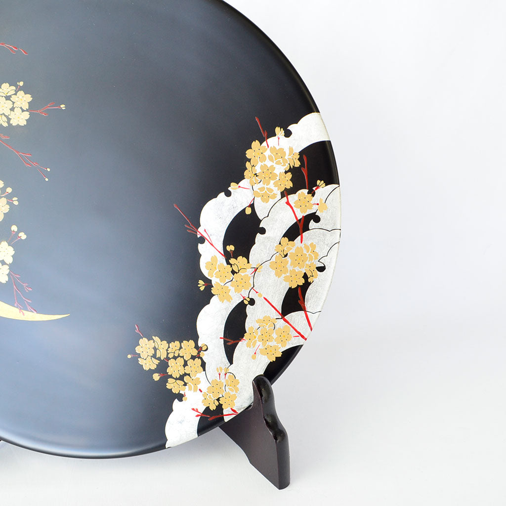 Lacquerware Decorative Plate "Moon and Flowers in Winter" Size 10.0