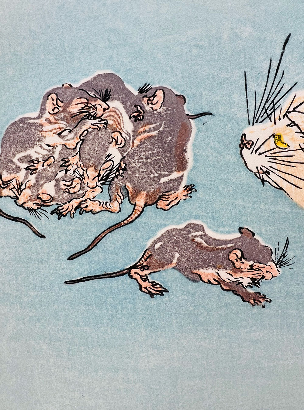 Woodblock printing "Cat and mice" by Kawanabe Kyosai Published by UNSODO