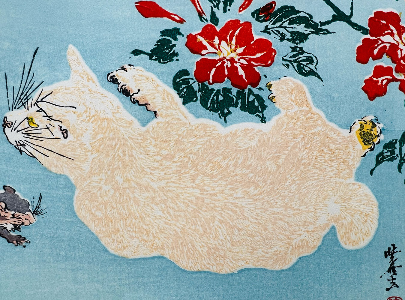 Woodblock printing "Cat and mice" by Kawanabe Kyosai Published by UNSODO