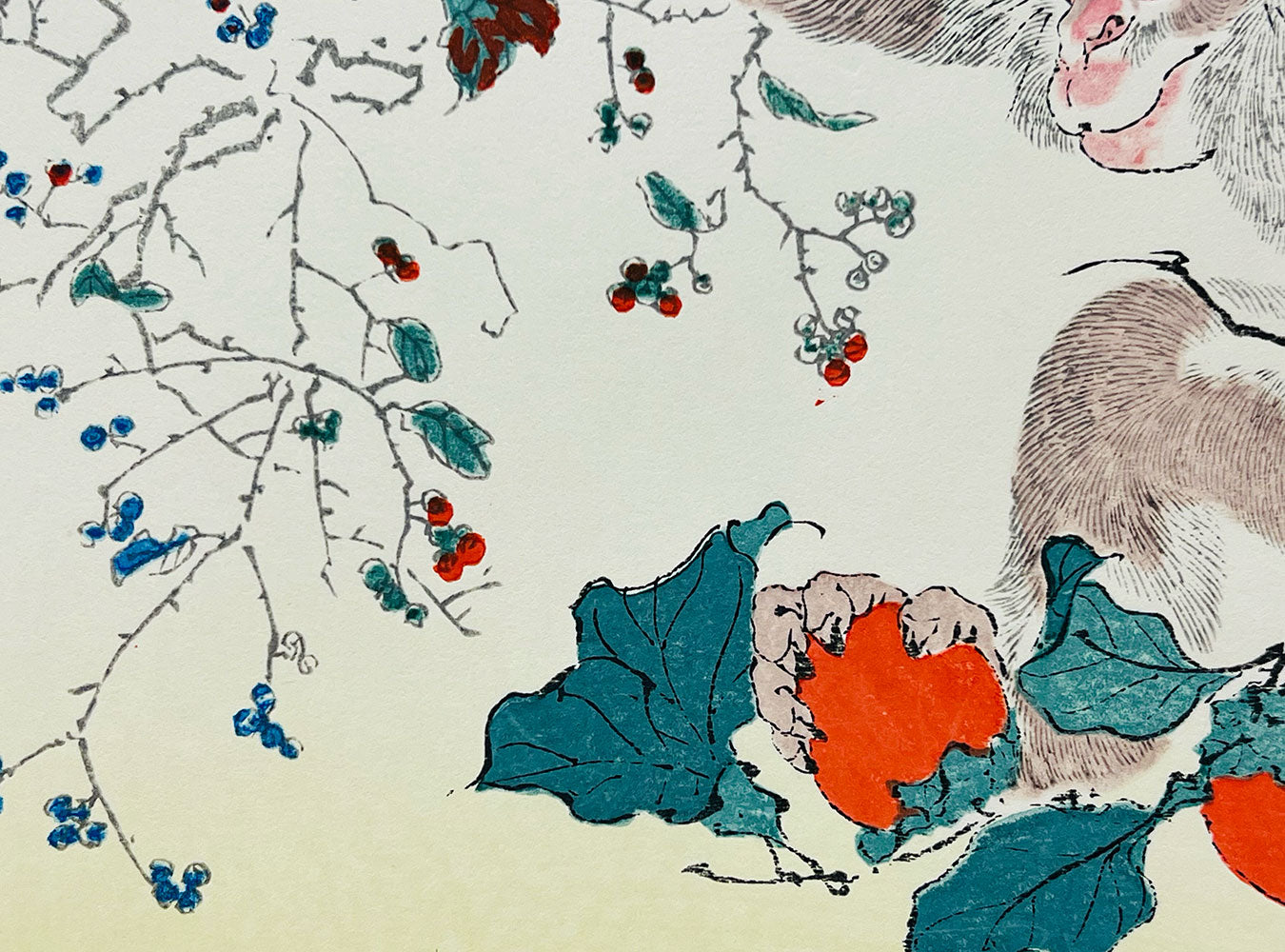 Woodblock printing "Monky and persimmon" by Kawanabe Kyosai Published by UNSODO
