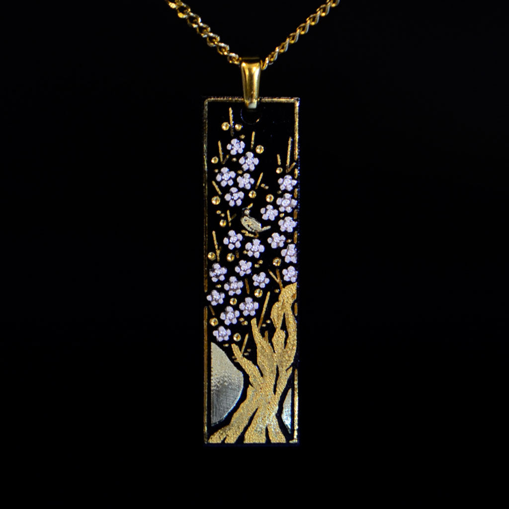 Kyoto Damascene Pendant – Small Vertical,"Plum blossoms", 1.0 cm Wide