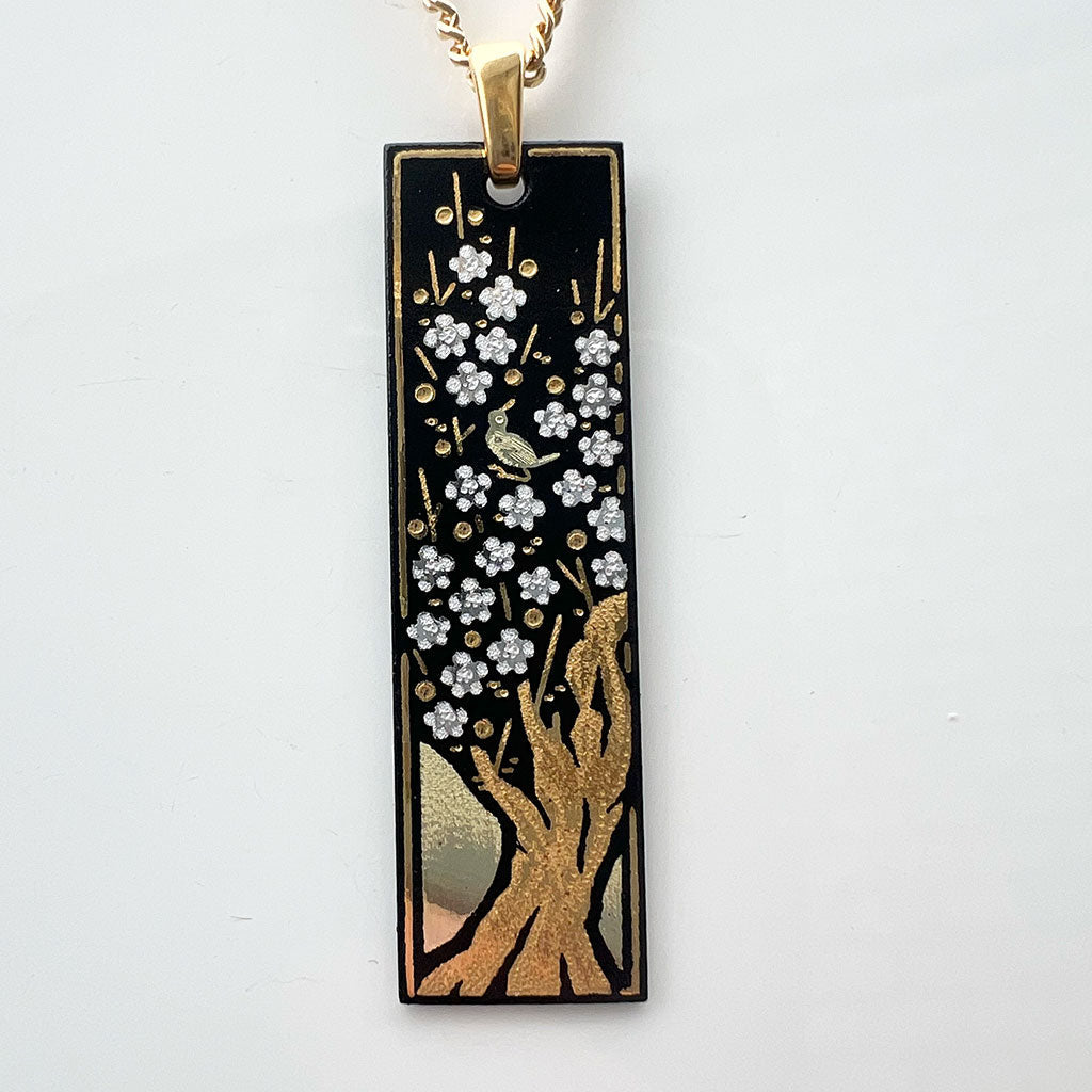 Kyoto Damascene Pendant – Small Vertical,"Plum blossoms", 1.0 cm Wide