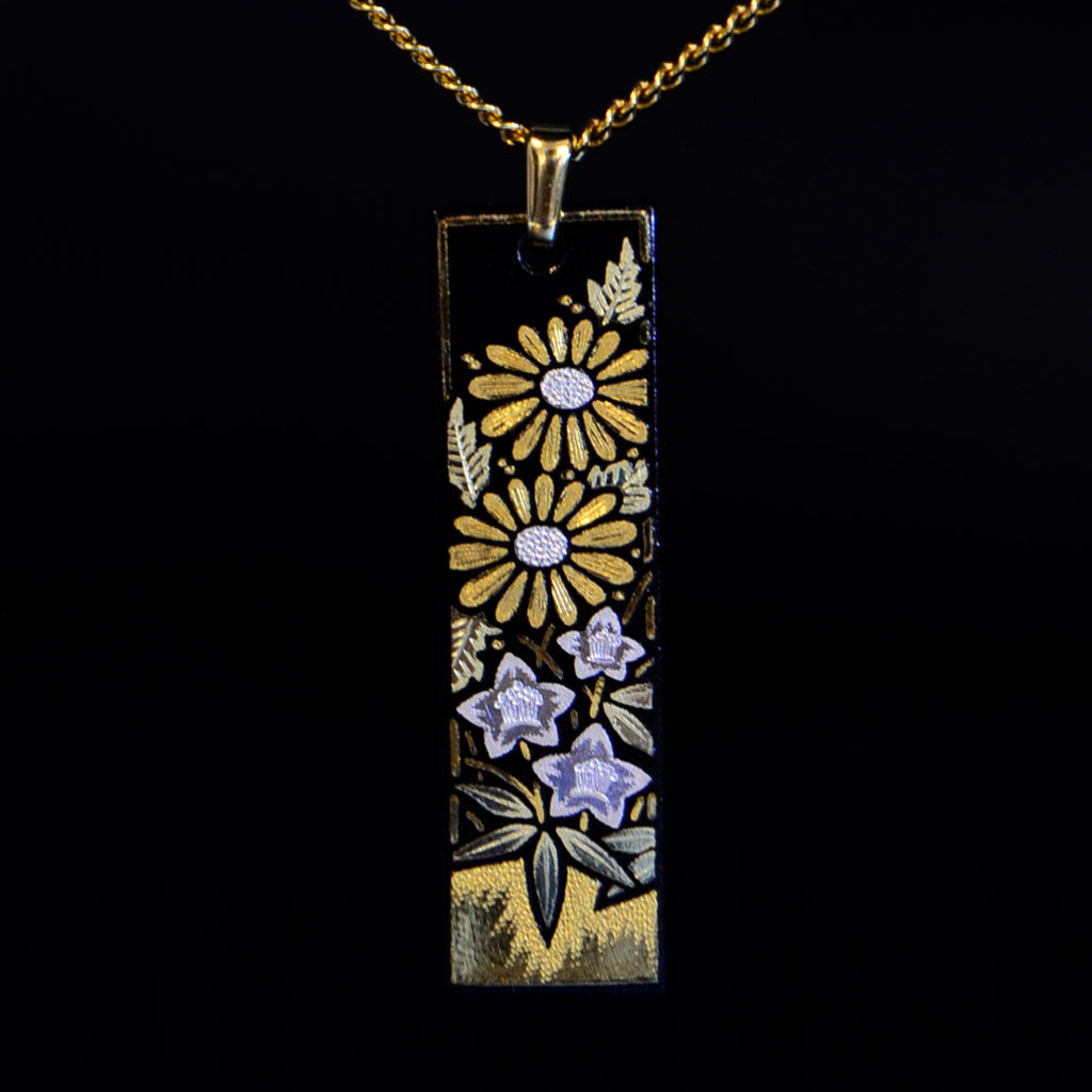 Kyoto Damascene Pendant – Small Vertical,"Chrysanthemum and Bellflower", 1.0 cm Wide