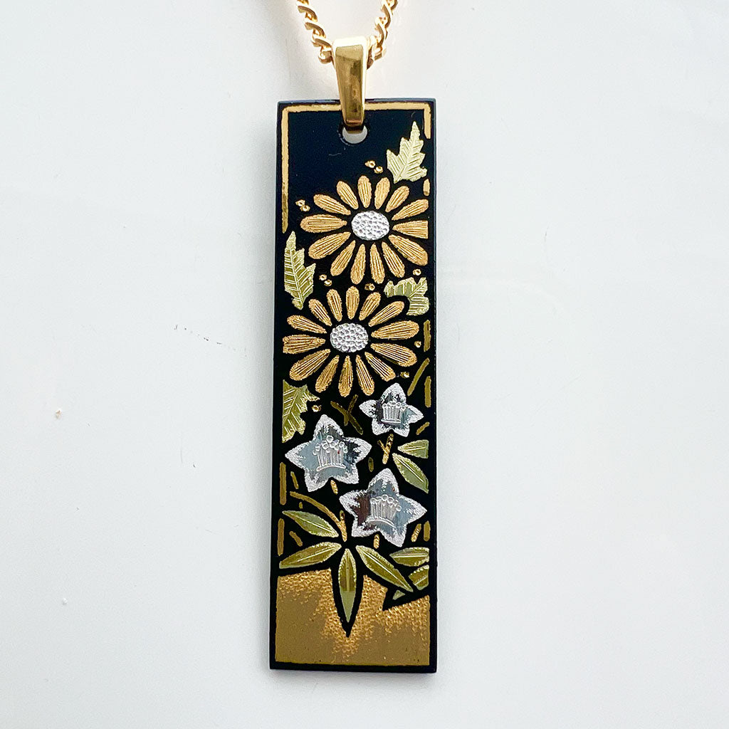 Kyoto Damascene Pendant – Small Vertical,"Chrysanthemum and Bellflower", 1.0 cm Wide