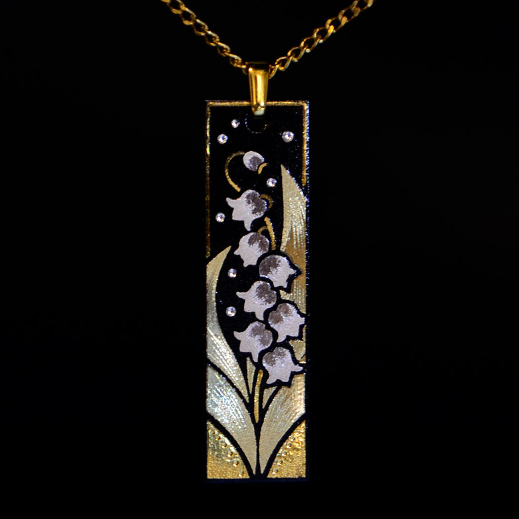 Kyoto Damascene Pendant – Small Vertical,"Lily of the valley", 1.0 cm Wide