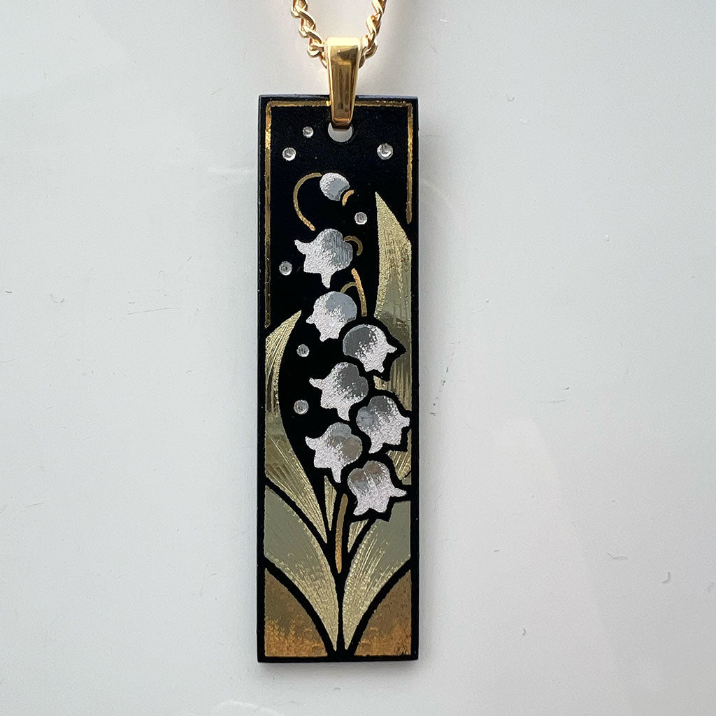 Kyoto Damascene Pendant – Small Vertical,"Lily of the valley", 1.0 cm Wide