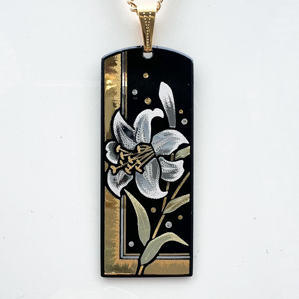 Kyoto Damascene Pendant – Large Vertical,"Lily", 1.5 cm Wide