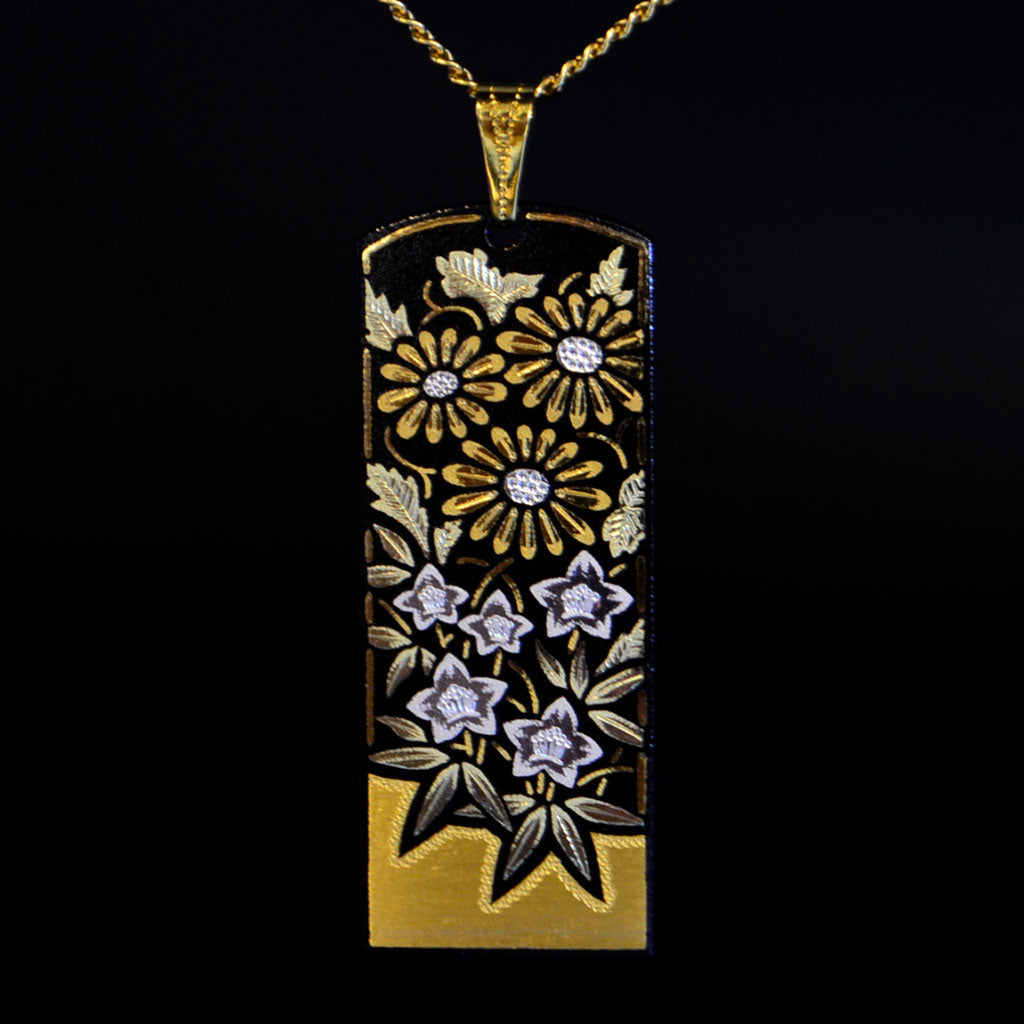 Kyoto Damascene Pendant – Large Vertical, "Chrysanthemum and Bellflower", 1.5 cm Wide