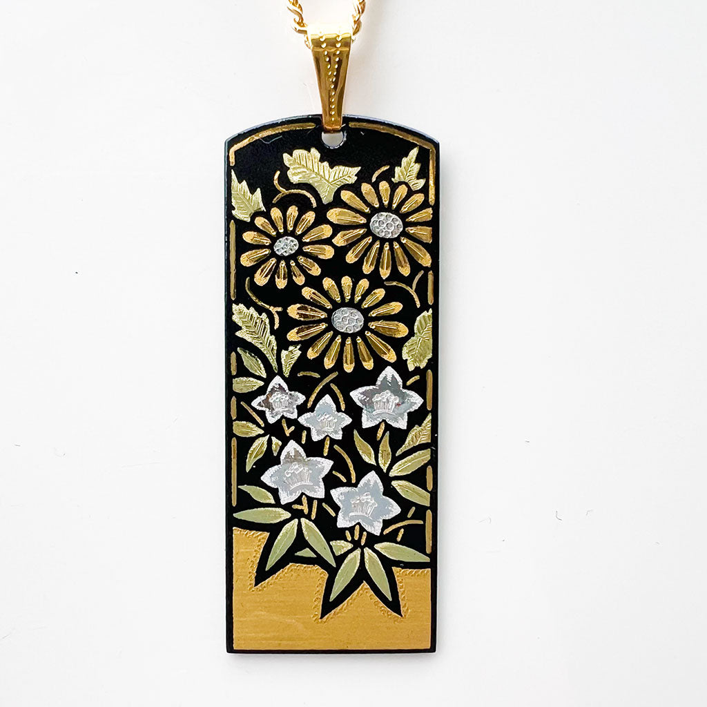 Kyoto Damascene Pendant – Large Vertical, "Chrysanthemum and Bellflower", 1.5 cm Wide