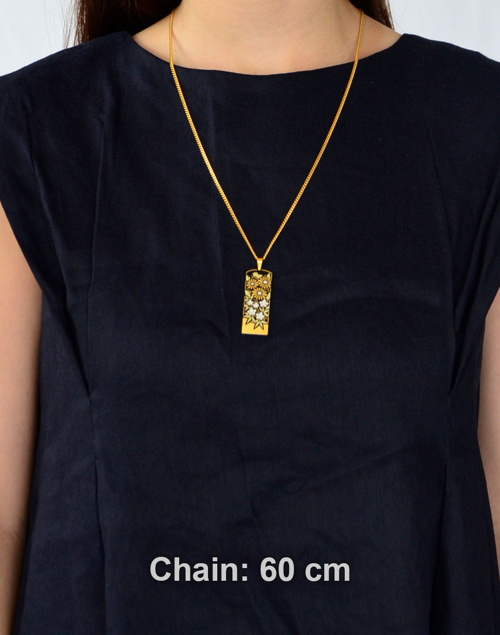 Kyoto Damascene Pendant – Large Vertical, "Chrysanthemum and Bellflower", 1.5 cm Wide