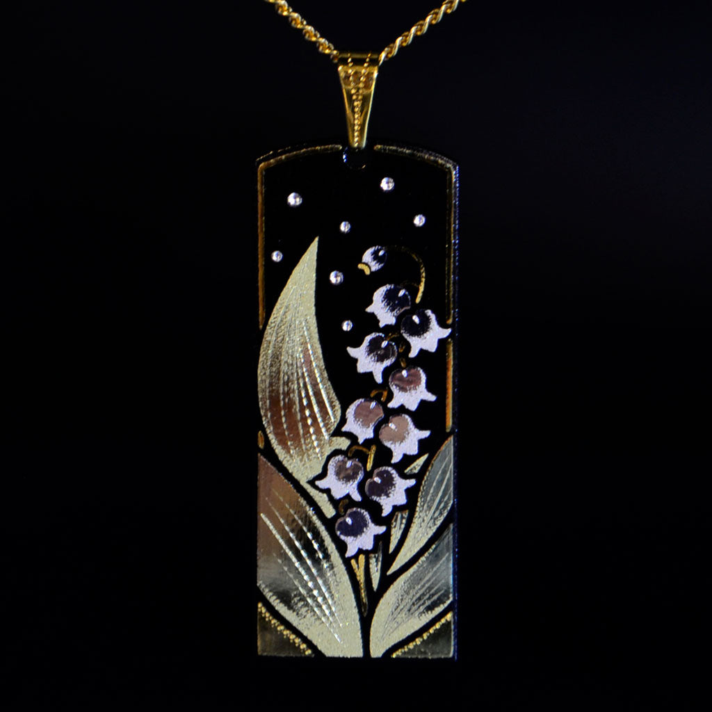 Kyoto Damascene Pendant – Large Vertical, "Lily of the Valley", 1.5 cm Wide