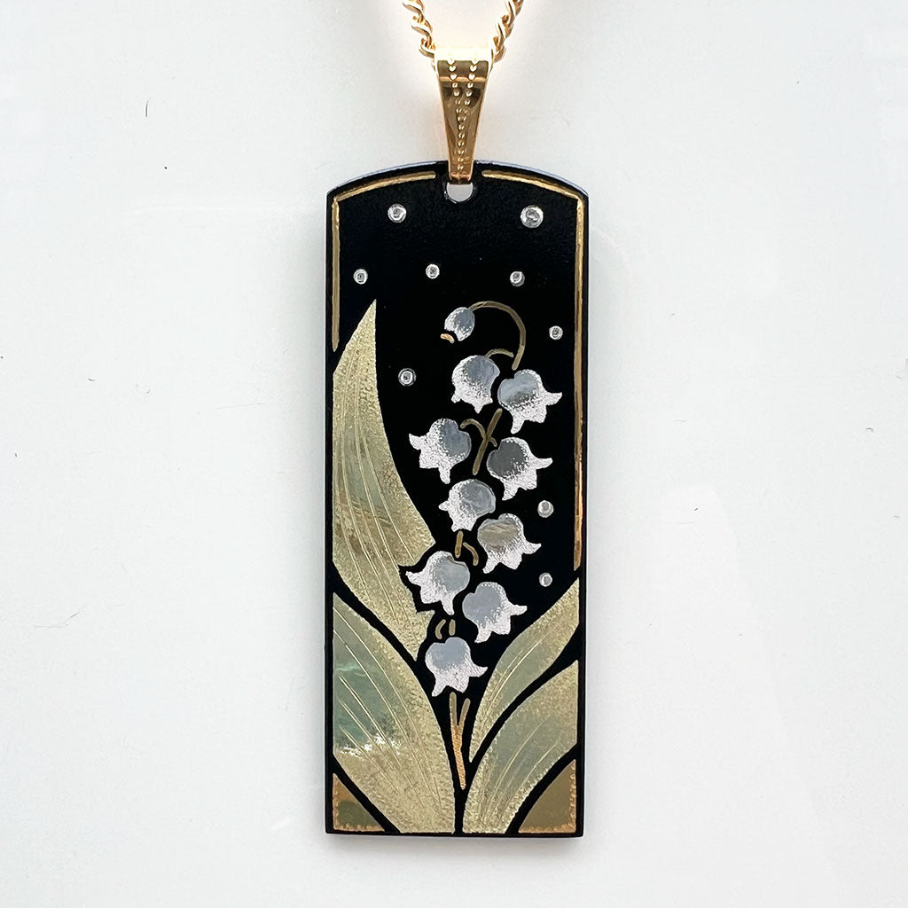 Kyoto Damascene Pendant – Large Vertical, "Lily of the Valley", 1.5 cm Wide