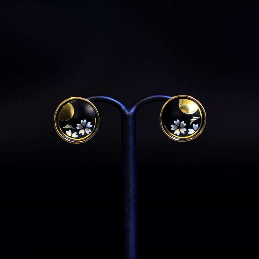 Kyoto Damascene Stud Earrings "Cherry Blossoms and the Moon"– Diameter: 1.2 cm