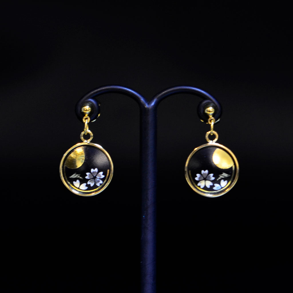 Kyoto Damascene Dangling Earrings "Cherry Blossoms and the Moon"– Diameter: 1.2 cm