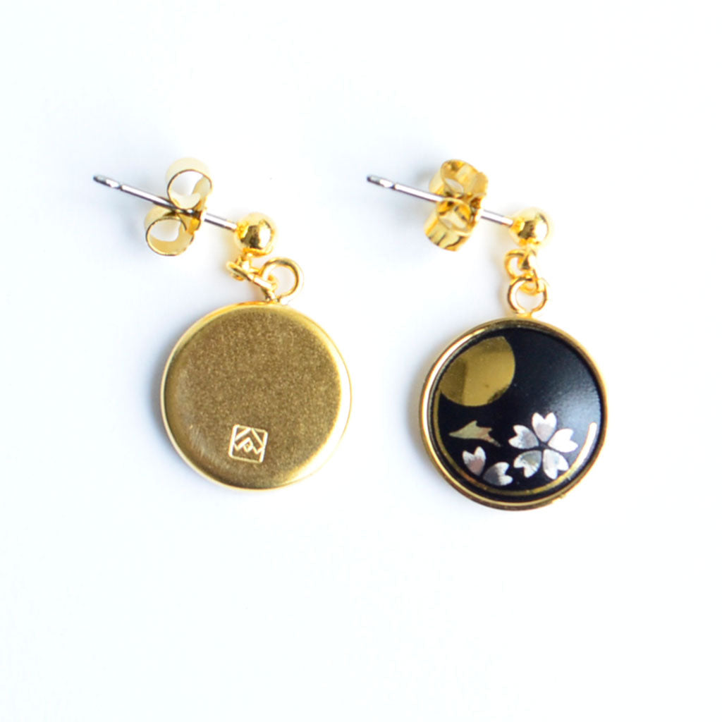 Kyoto Damascene Dangling Earrings "Cherry Blossoms and the Moon"– Diameter: 1.2 cm