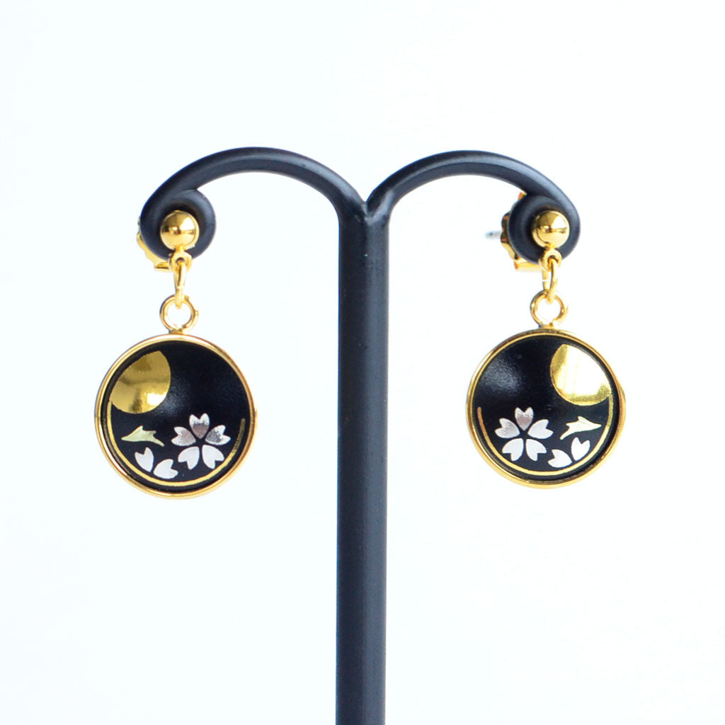 Kyoto Damascene Dangling Earrings "Cherry Blossoms and the Moon"– Diameter: 1.2 cm