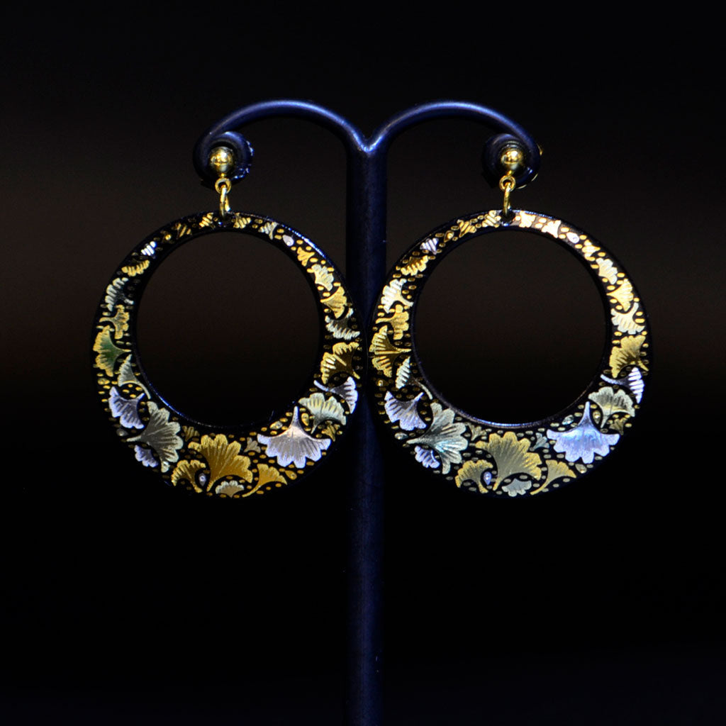 Kyoto Damascene Open Circle Earrings Fully Covered With Ginkgo Leaves – Diameter: 3 cm