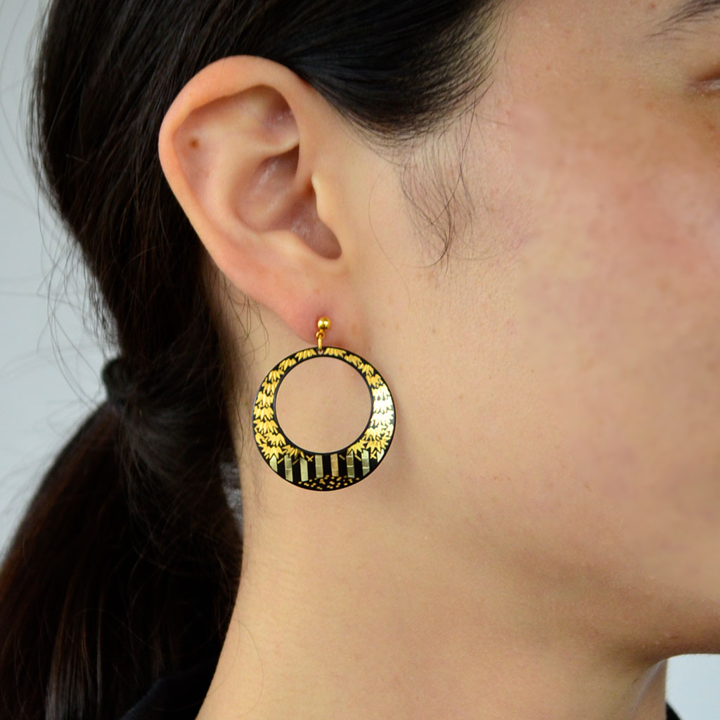 Kyoto Damascene Open Circle Earrings "Bamboo Forest" – Diameter: 3.0 cm