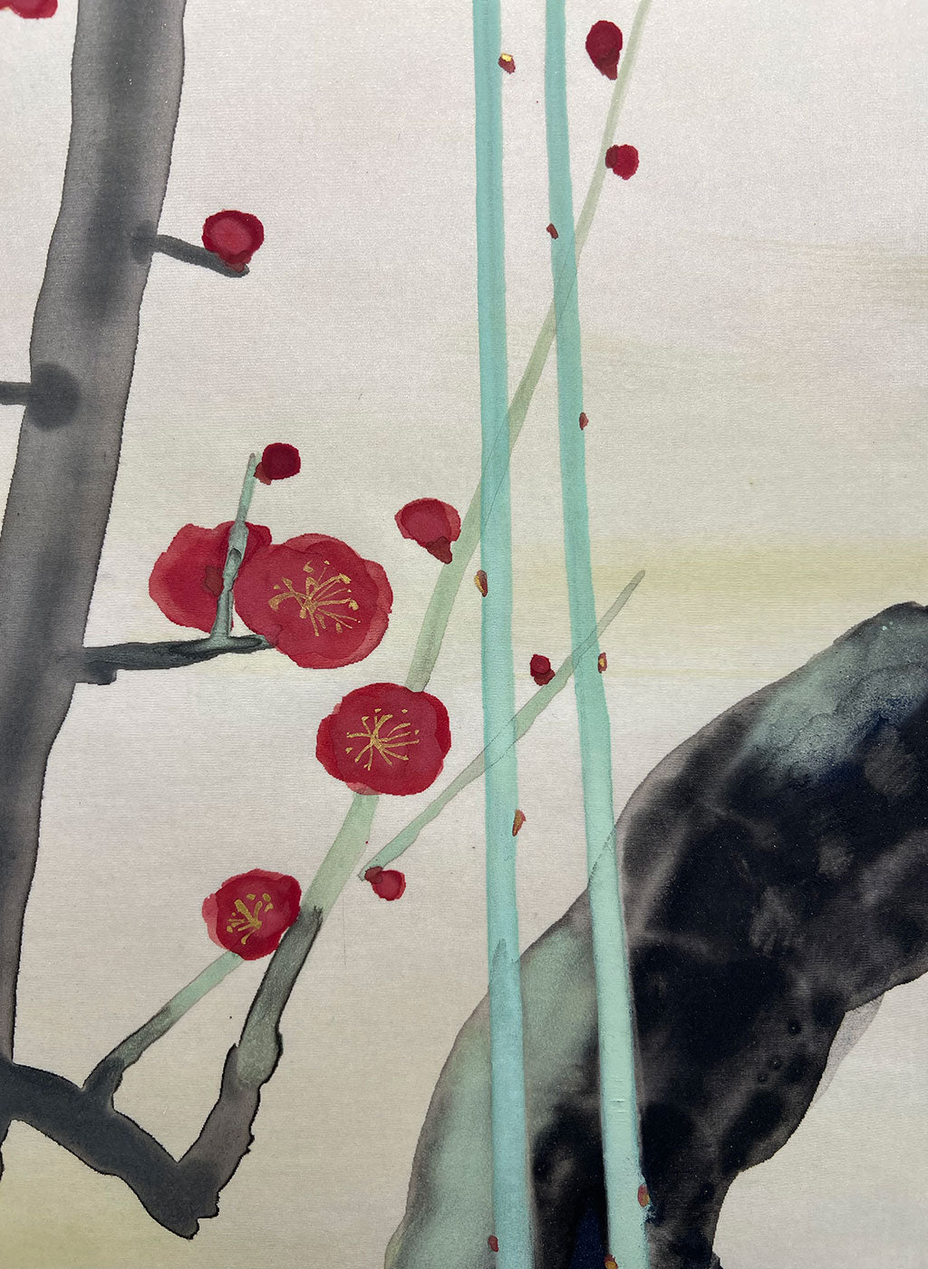 Japanese Hanging Scroll Kakejiku Painted by Shinji Kouno ”Red and White Plum Blossoms” (OKJ 104)