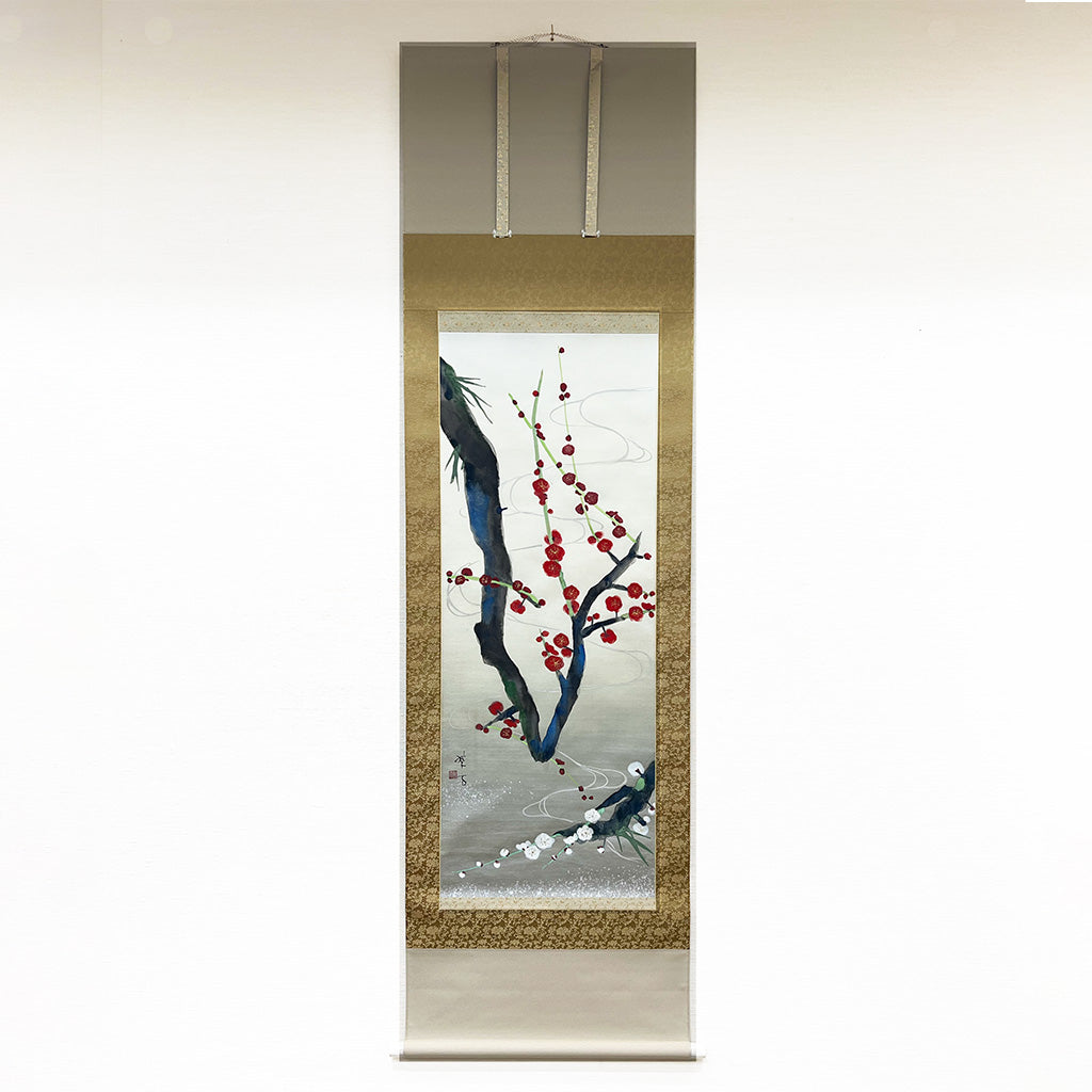 Japanese Hanging Scroll Kakejiku Painted by Shinji Kouno "Red and White Plum Blossoms" (OKJ 106)
