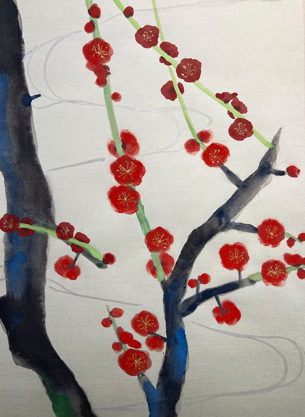 Japanese Hanging Scroll Kakejiku Painted by Shinji Kouno "Red and White Plum Blossoms" (OKJ 106)