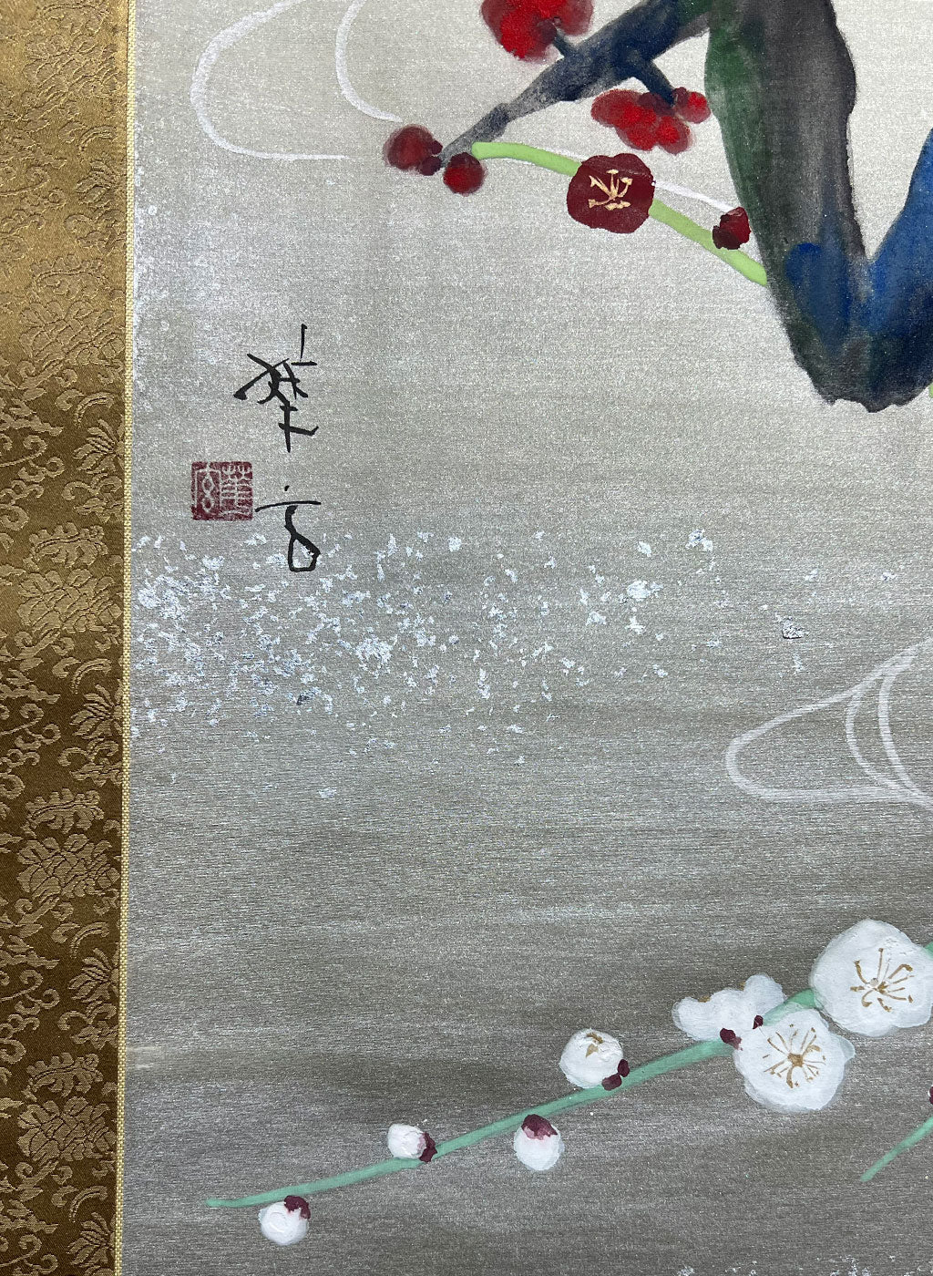 Japanese Hanging Scroll Kakejiku Painted by Shinji Kouno "Red and White Plum Blossoms" (OKJ 106)