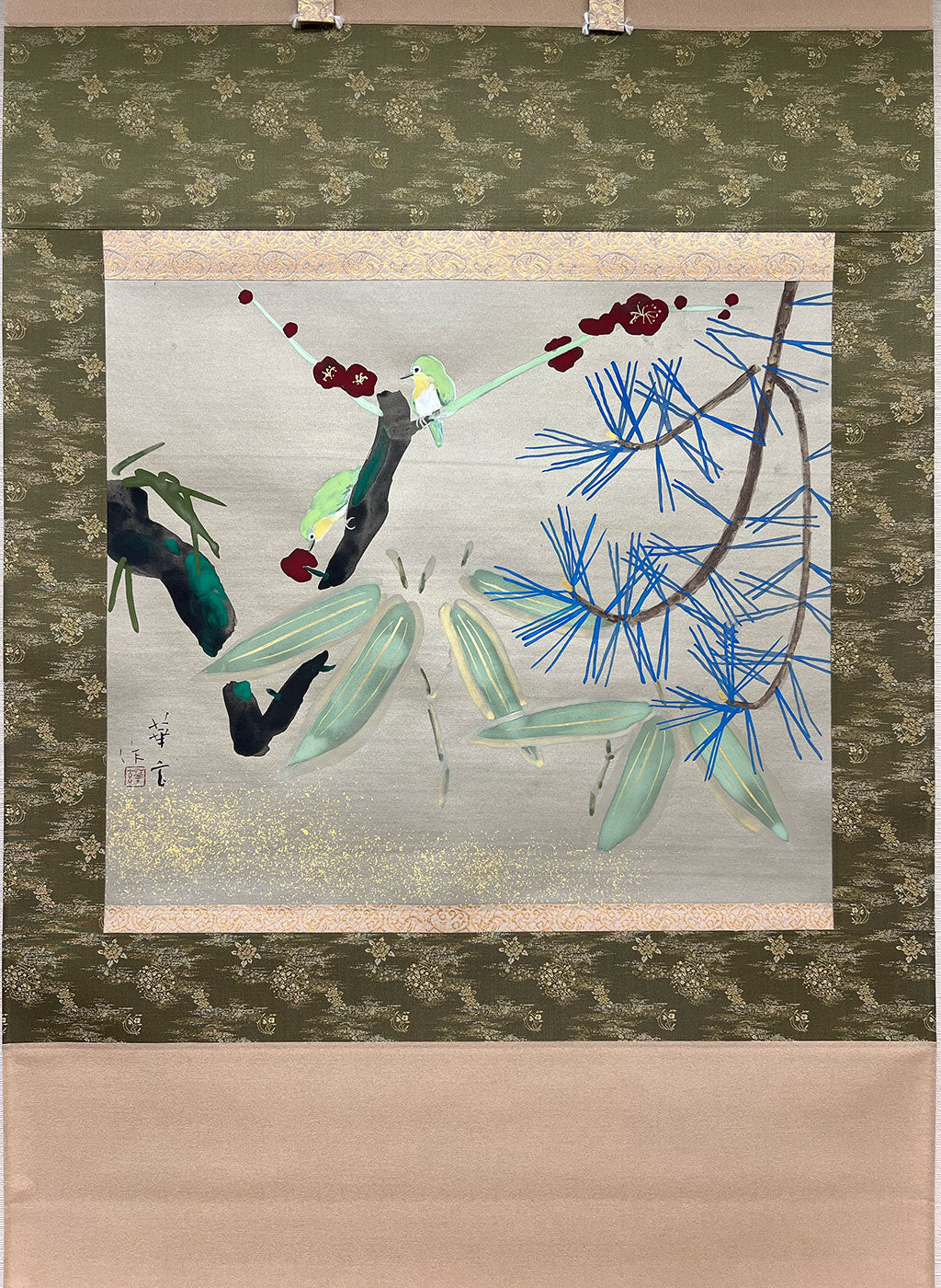 Japanese Hanging Scroll Kakejiku Painted byby Shinji Kouno "Shochikubai (Pine, Bamboo, and Plum)" (OKJ 107)