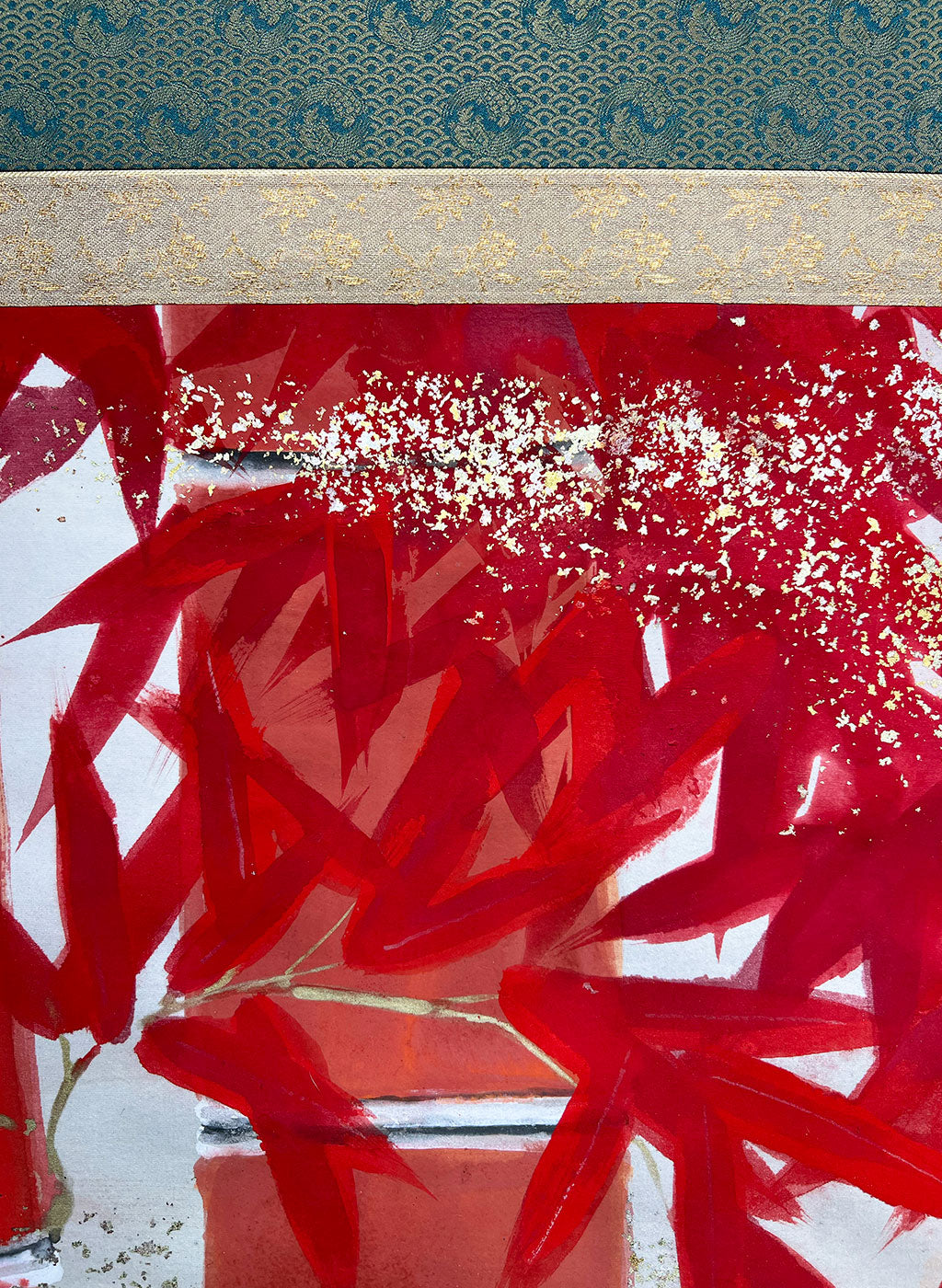 Japanese Hanging Scroll Kakejiku Painted by Shinji Kouno "Red Bamboo" (OKJ 108)