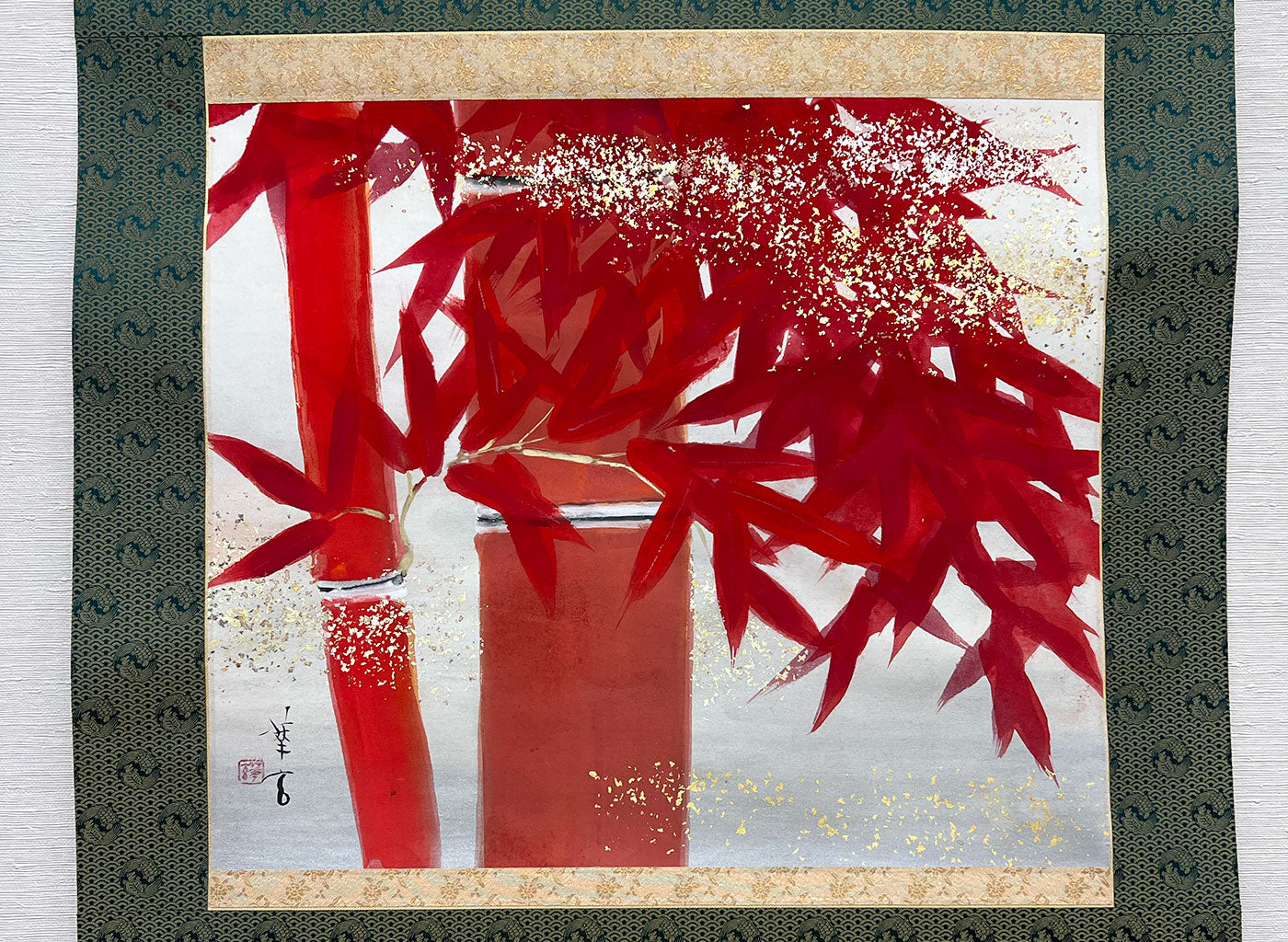 Japanese Hanging Scroll Kakejiku Painted by Shinji Kouno "Red Bamboo" (OKJ 108)