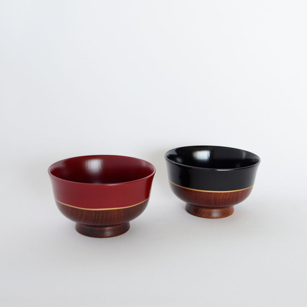 Lacquered Wooden Soup Bowl Set of 2p "Sho" with Gold Line Accents Yamanaka lacquerware