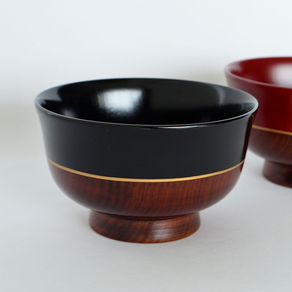 Lacquered Wooden Soup Bowl Set of 2p "Sho" with Gold Line Accents Yamanaka lacquerware