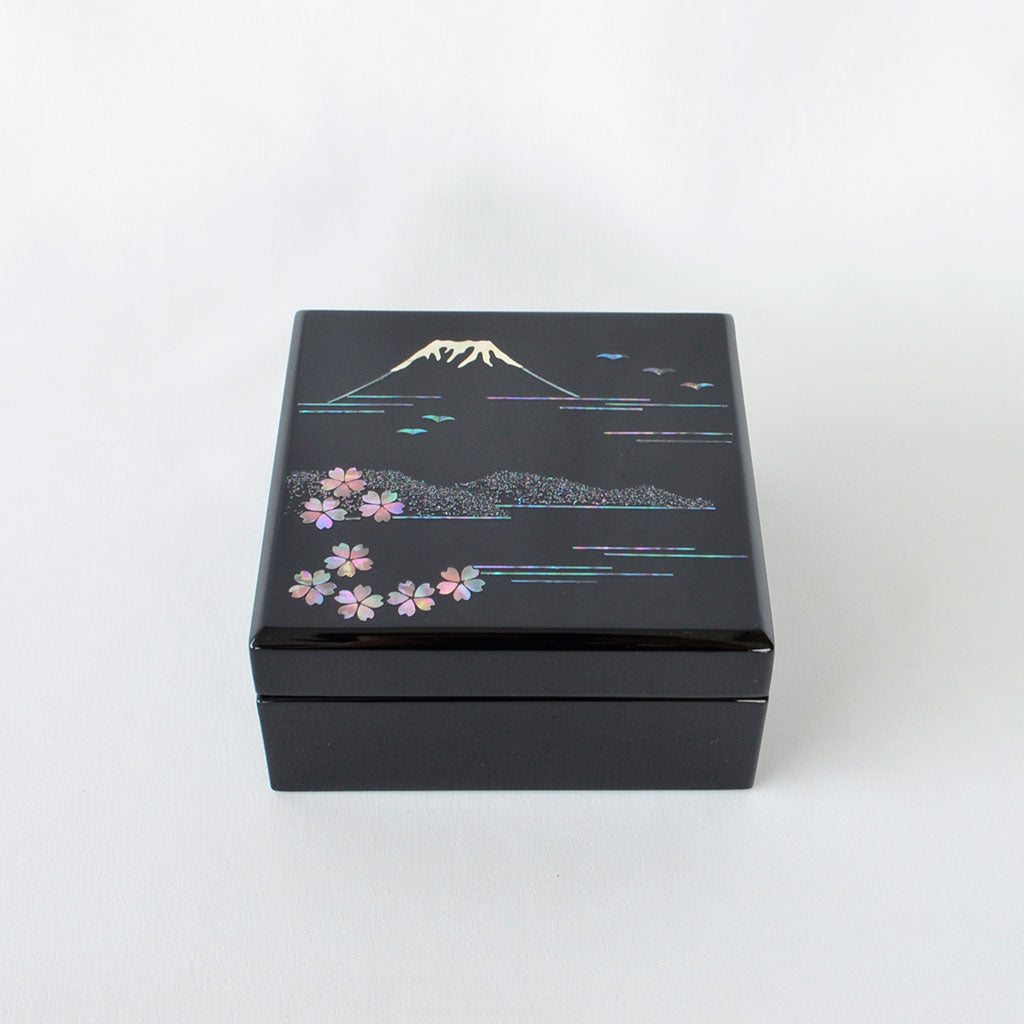 Medium Lacquerware Box with Raden "Mt. Fuji and Cherry Blossoms"