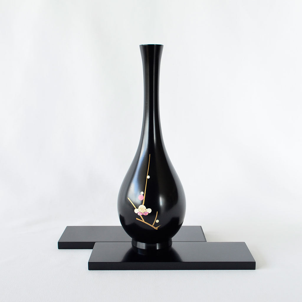 Bronze Vase "Red and White Plum Blossoms" with Stand Takaoka Copperware