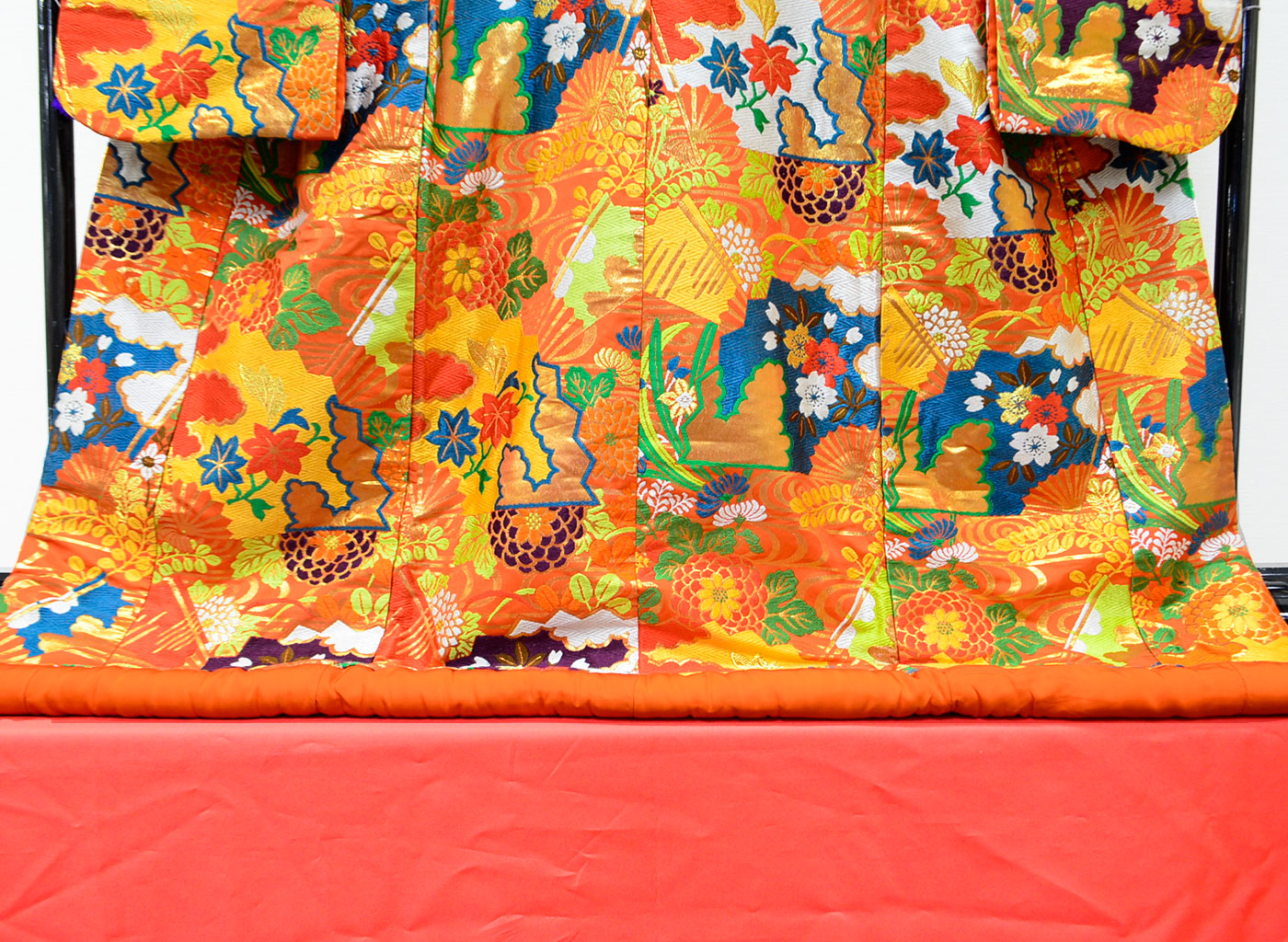 Uchikake Wedding Kimono 400 "Orange with Fans & Seasonal Flowers" (Vintage)