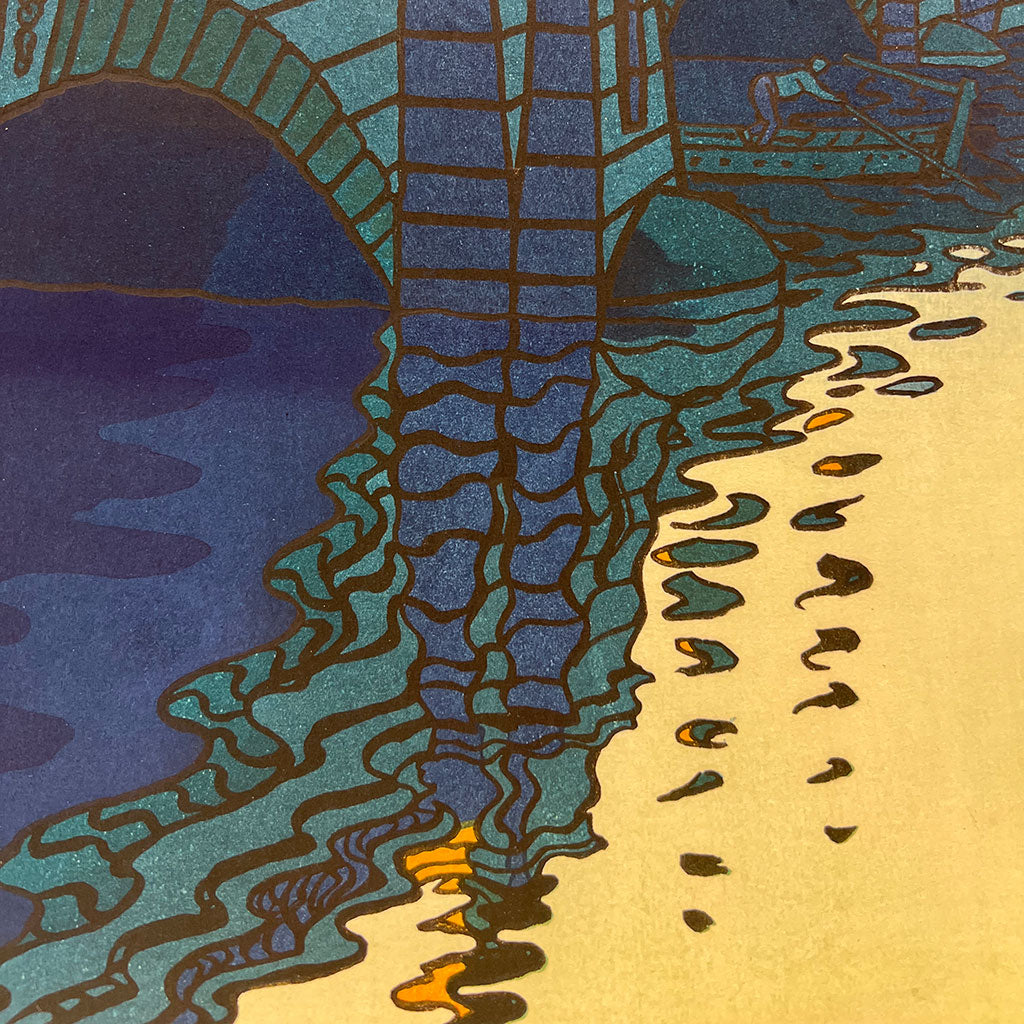 Woodblock print "Nihon-bridge" by Kasamatsu Shiro Published by UNSODO