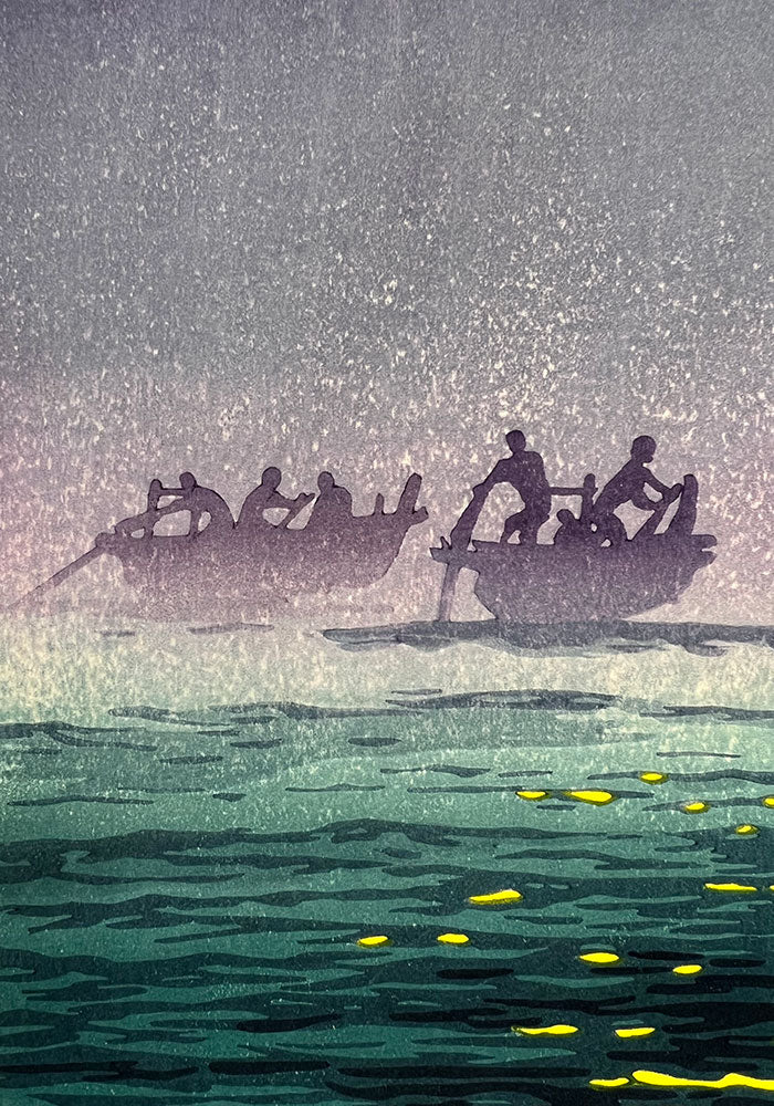 Woodblock print "Waves in the morning" by Kasamatsu Shiro Published by UNSODO