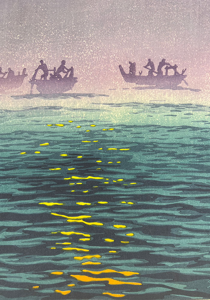 Woodblock print "Waves in the morning" by Kasamatsu Shiro Published by UNSODO