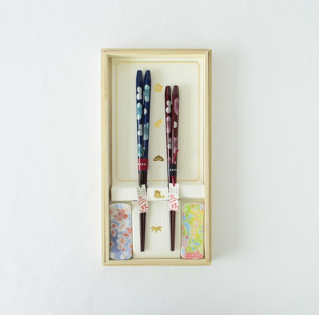 Chopsticks Set of 2P with Rests “Red and Blue Cherry blossoms”