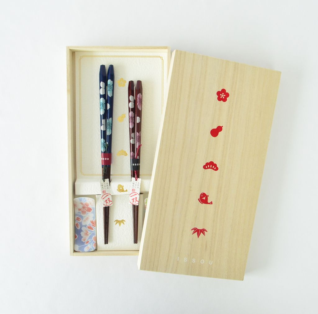 Chopsticks Set of 2P with Rests “Red and Blue Cherry blossoms”